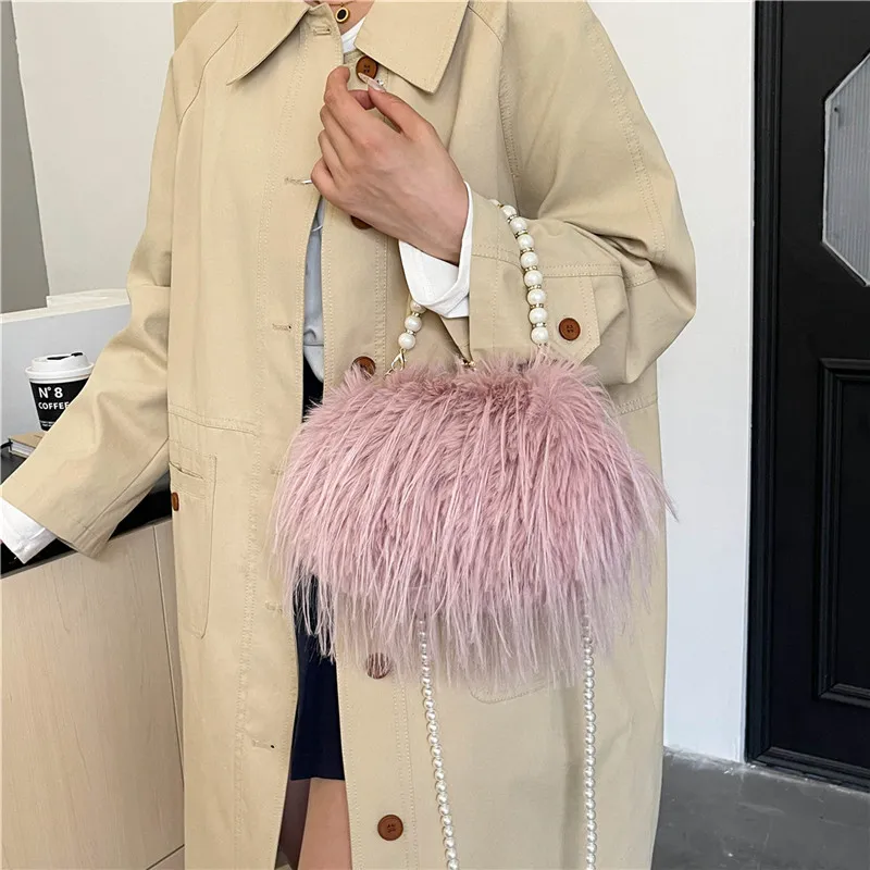 REDOO Plush Handbag Women's White/Pink/Khaki/Black/Purple-5