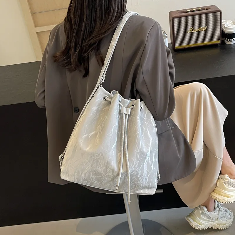 REDOO PU Double Shoulder Portable Crossbody Bag, Shoulder Bag Women's Ecru/Silver/Black-7