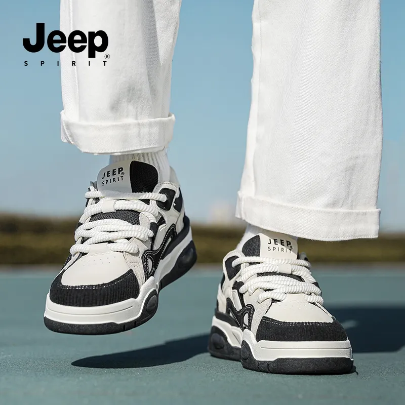 JEEP SPIRIT Retro Fashion Anti Slip And Wear Resistant Height Increasing Low Top Skateboard Shoes Men's Black White-12