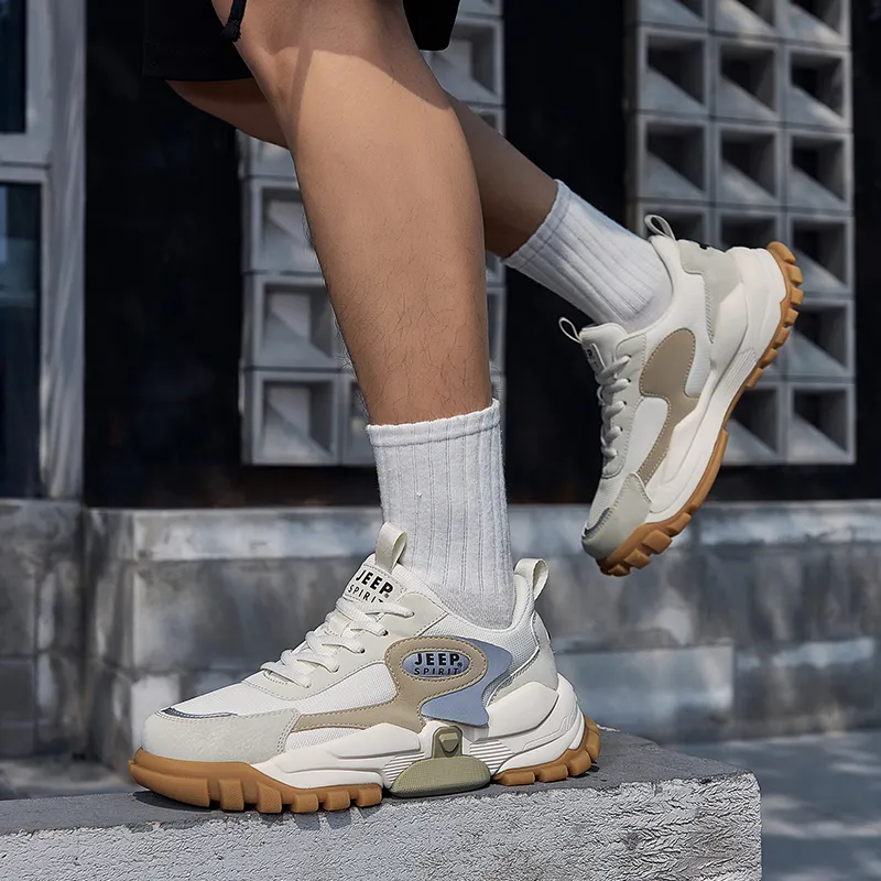 JEEP SPIRIT Anti Slip Wear Resistant Breathable Lightweight Height Increasing Low Top Chunky Sneakers Men's Light Sandy-8
