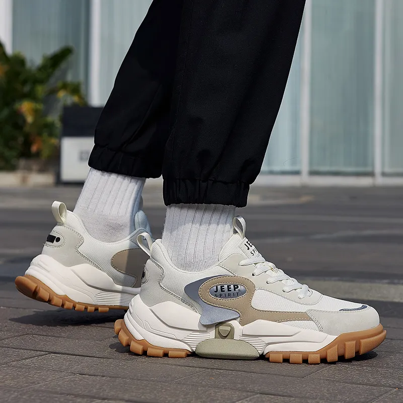 JEEP SPIRIT Anti Slip Wear Resistant Breathable Lightweight Height Increasing Low Top Chunky Sneakers Men's Light Sandy-5
