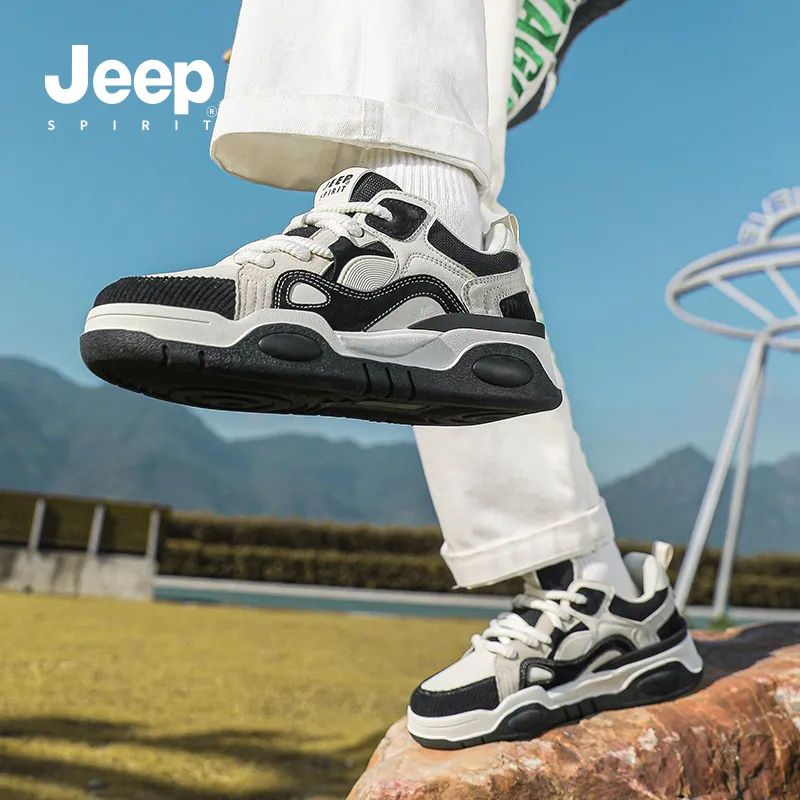 JEEP SPIRIT Retro Fashion Anti Slip And Wear Resistant Height Increasing Low Top Skateboard Shoes Men's Black White-7