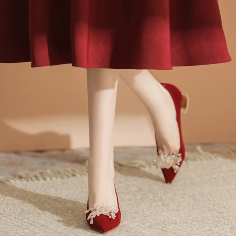 Than Than Me Chunky Heel High Heels Women's Red-3