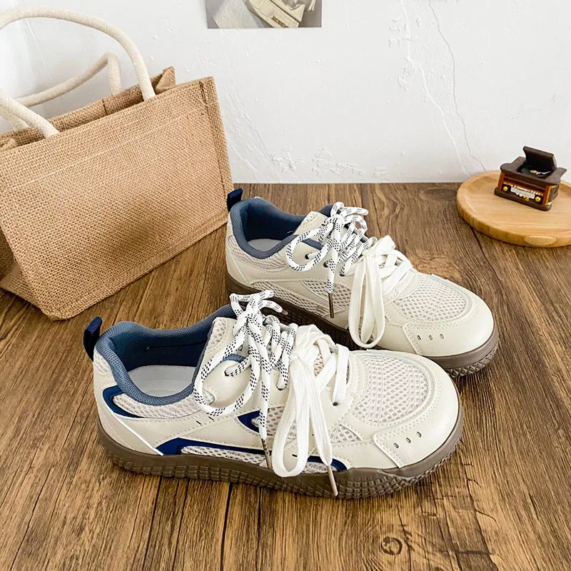 Than Than Me Slip Resistant And Breathable Low Top Skateboard Shoes Women's Beige Blue-2