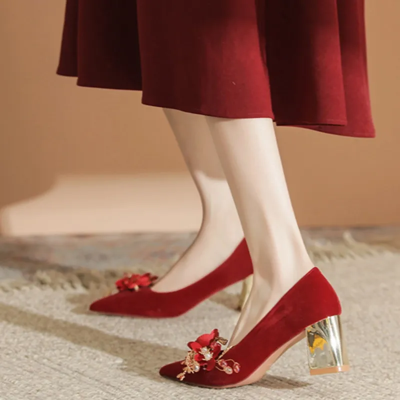 Than Than Me Chunky Heel High Heels Women's Red-4