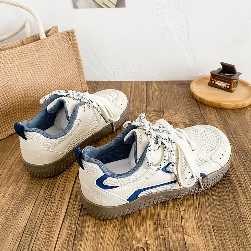 Than Than Me Slip Resistant And Breathable Low Top Skateboard Shoes Women's Beige Blue-4