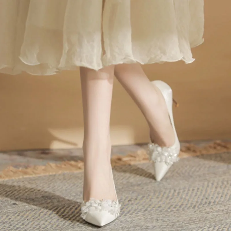 Than Than Me Slim Heel High Heels Women's White-3