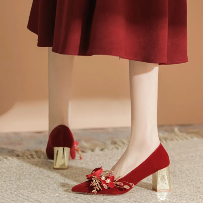 Than Than Me Chunky Heel High Heels Women's Red-3