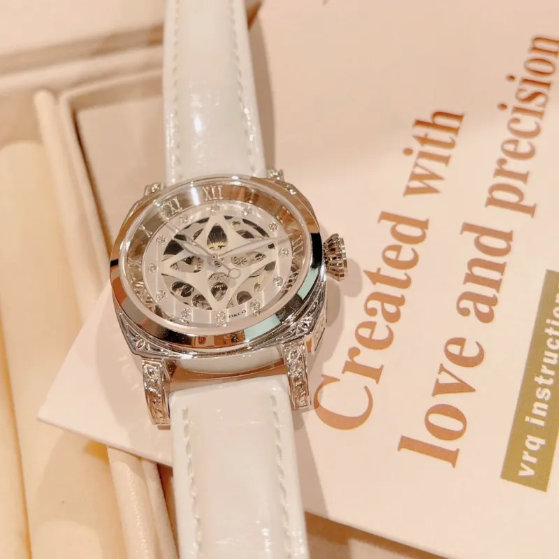 ORCO Automatic Mechanical Movement Cowhide Strap Watch Women's Watch White Dial-2