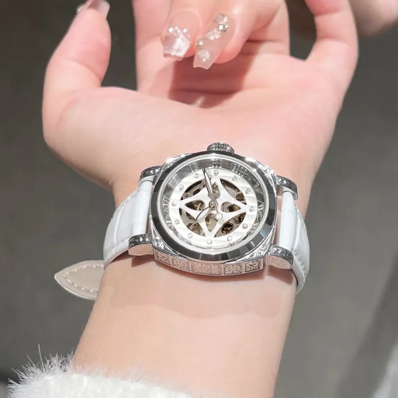 ORCO Automatic Mechanical Movement Cowhide Strap Watch Women's Watch White Dial-1