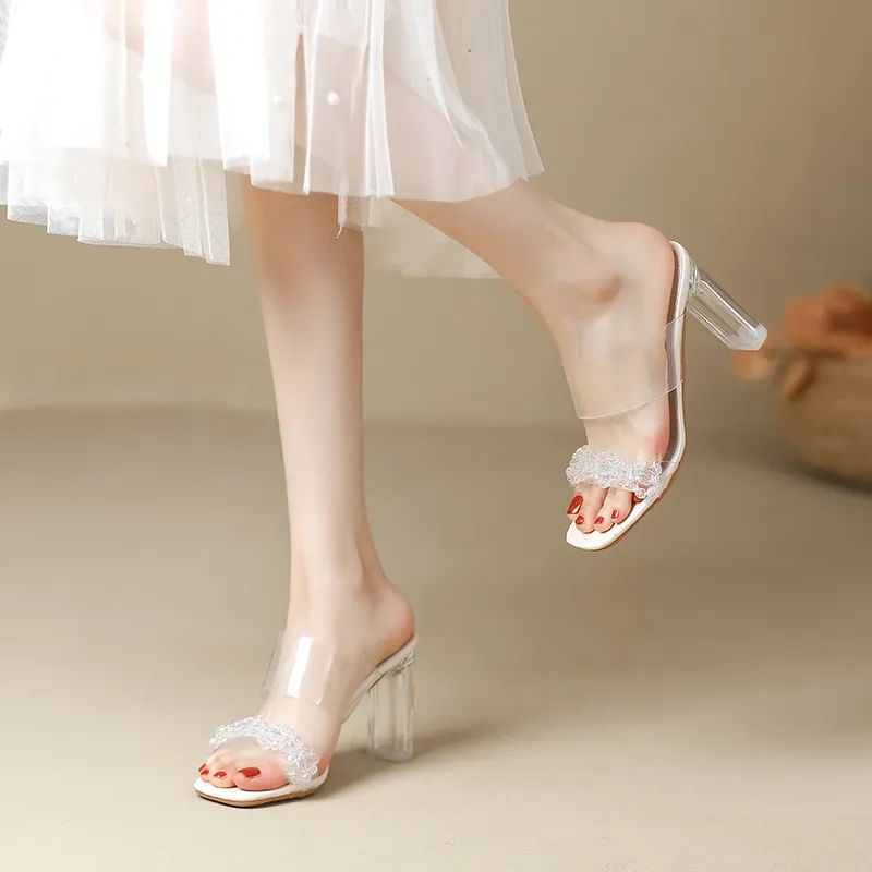 TATAYA Rubber Sole Rhinestone Abrasion Resistant Slide Slippers Women's Ecru-3