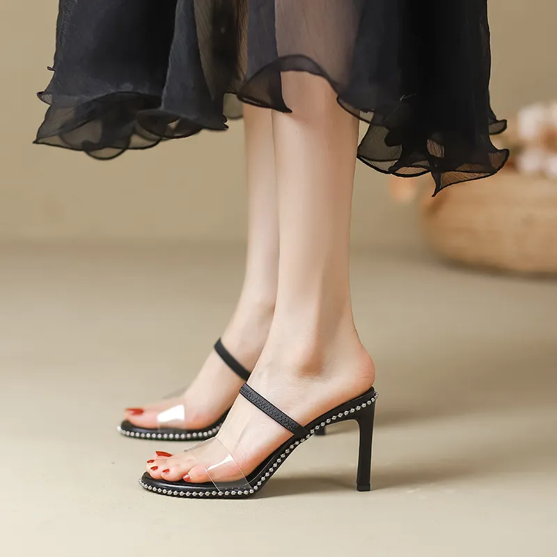 TATAYA Rubber Sole Rhinestone Slide Slippers Women's Black-2