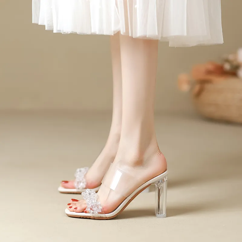 TATAYA Rubber Sole Rhinestone Abrasion Resistant Slide Slippers Women's Ecru-2