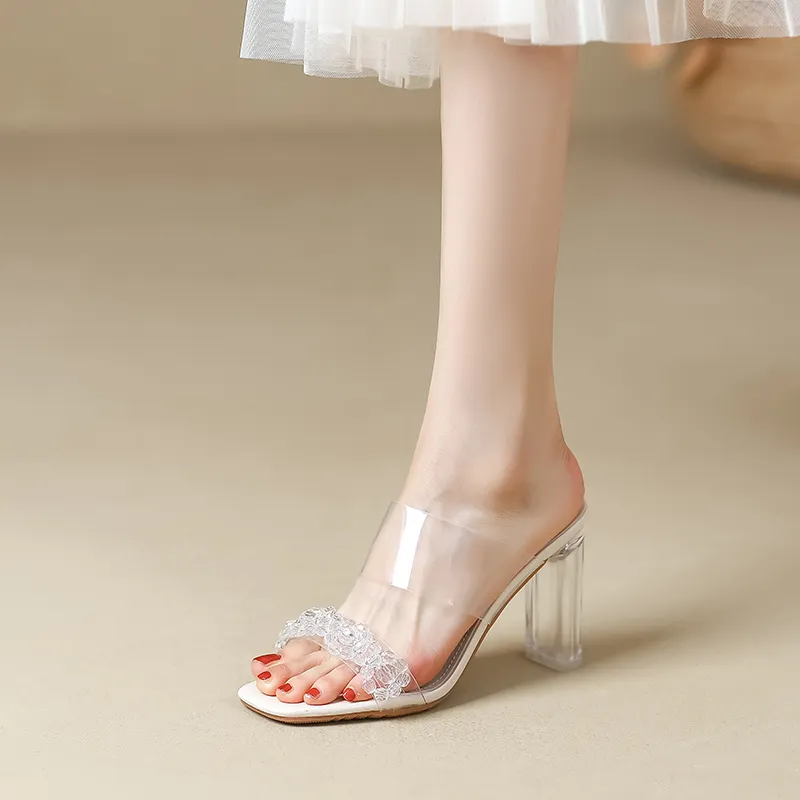 TATAYA Rubber Sole Rhinestone Abrasion Resistant Slide Slippers Women's Ecru-6