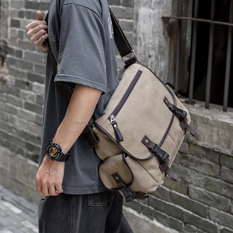 MOYYI Canvas Bag Crossbody Bag Large Size Unisex Black/Khaki-4
