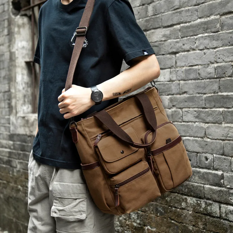 MOYYI Canvas Crossbody Bag Multifunction Computer Briefcase Handbag Shoulder Bag Large Size Men's Black/Coffee-8