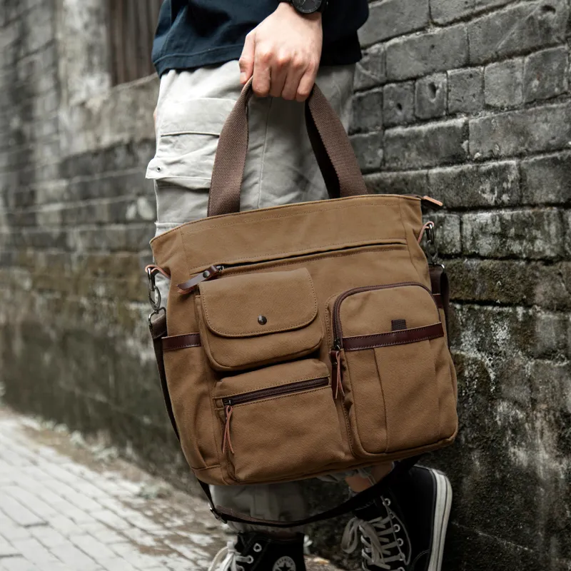 MOYYI Canvas Crossbody Bag Multifunction Computer Briefcase Handbag Shoulder Bag Large Size Men's Black/Coffee-9