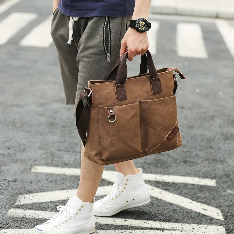 MOYYI Canvas Crossbody Bag Multifunction Computer Briefcase Handbag Shoulder Bag Large Size Men's Black/Coffee-2