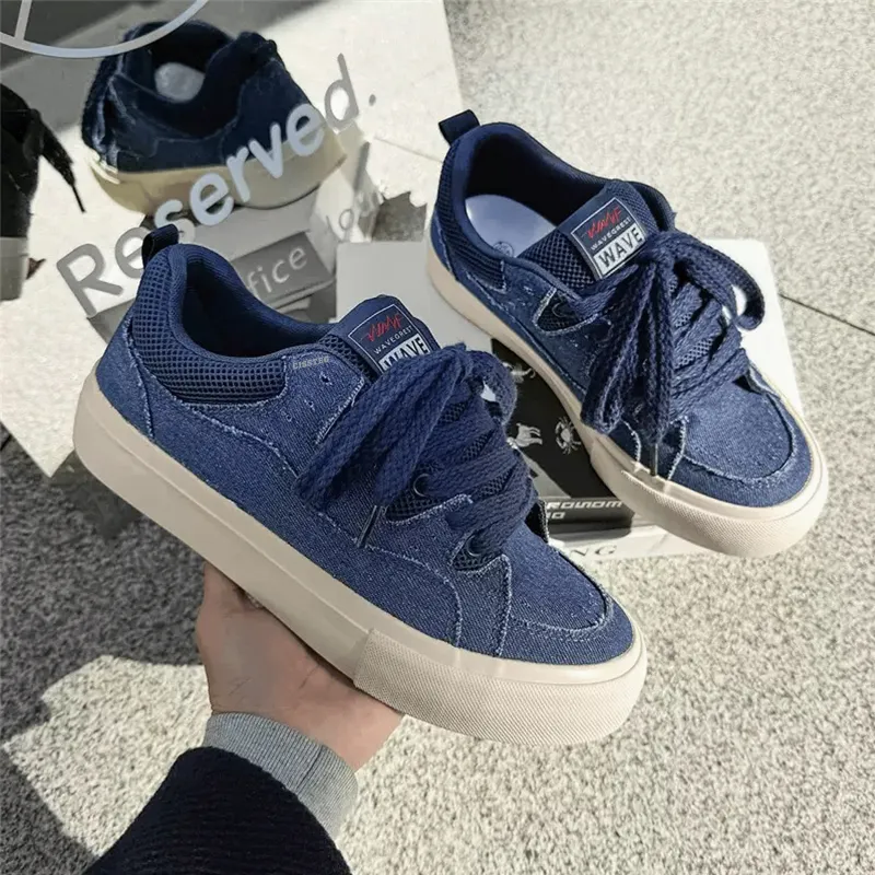 CISSTEG Slip Resistant Shock Absorbers Low Top Skateboard Shoes Men's Denim Blue-4
