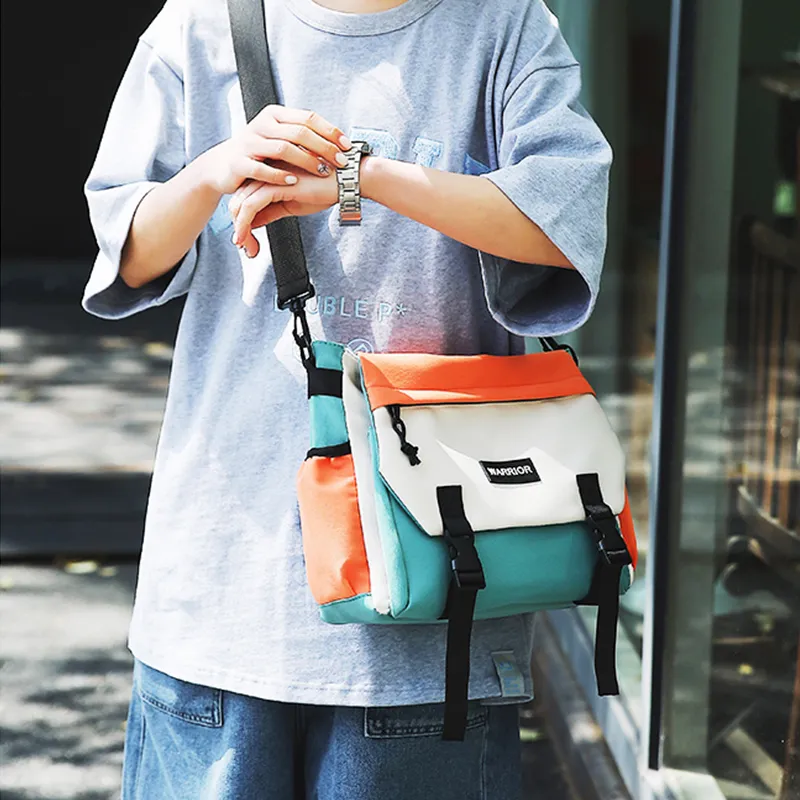 Warrior Nylon Messenger Bag Crossbody Bags Regular Unisex Black White/Orange Green-7