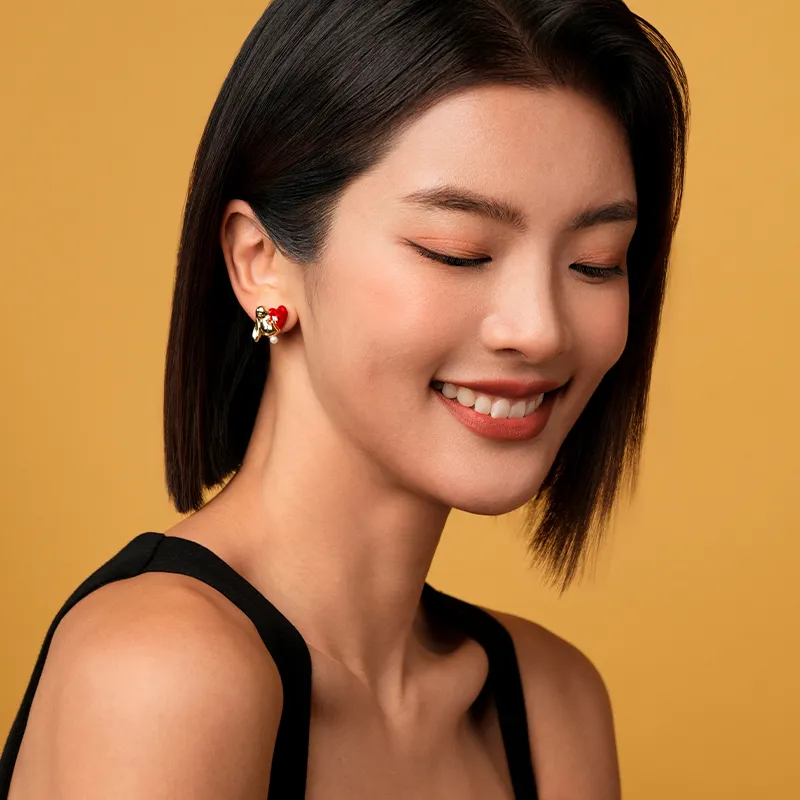 Social Talent Faux Pearl Stud Earrings Women's Red Love Confession-1