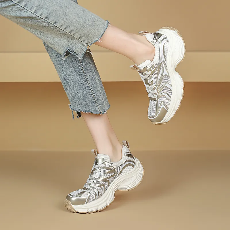 Safiya Cushioning Wear Resistant Breathable Supportive Low Top Chunky Sneakers Women's Gold-9