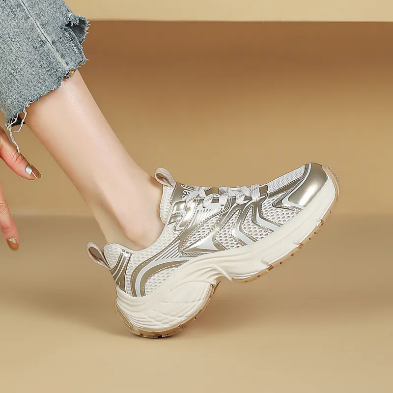 Safiya Cushioning Wear Resistant Breathable Supportive Low Top Chunky Sneakers Women's Gold-6