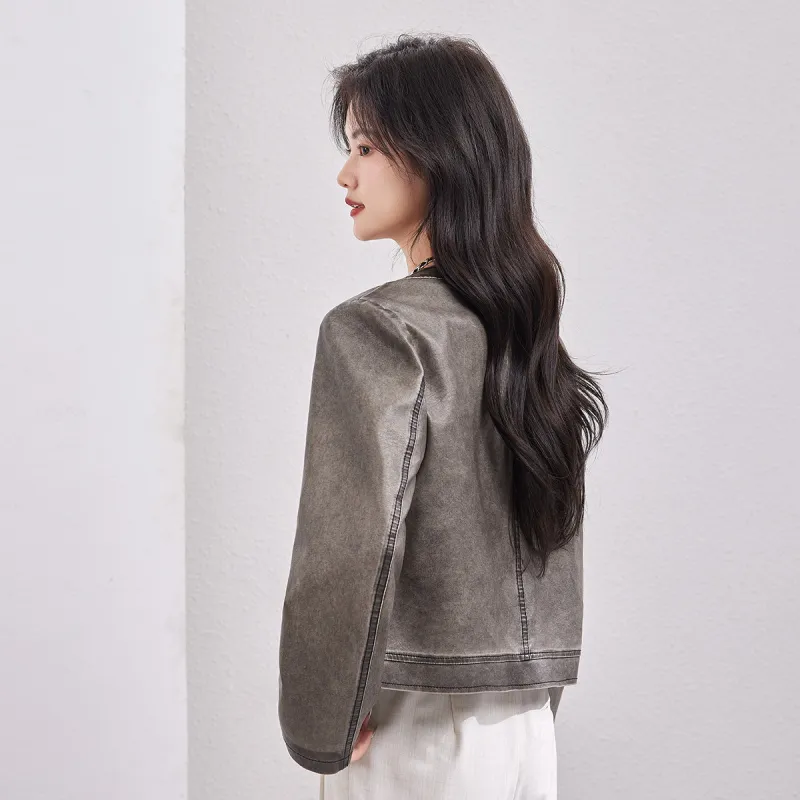 CARBAMMI Leather Jacket Women's Gray-8