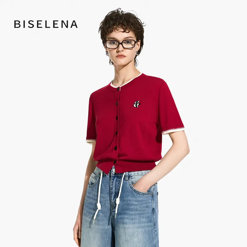 Bethine Short Sleeved Crew Neck Knitted Fabric Cardigan Women's-11