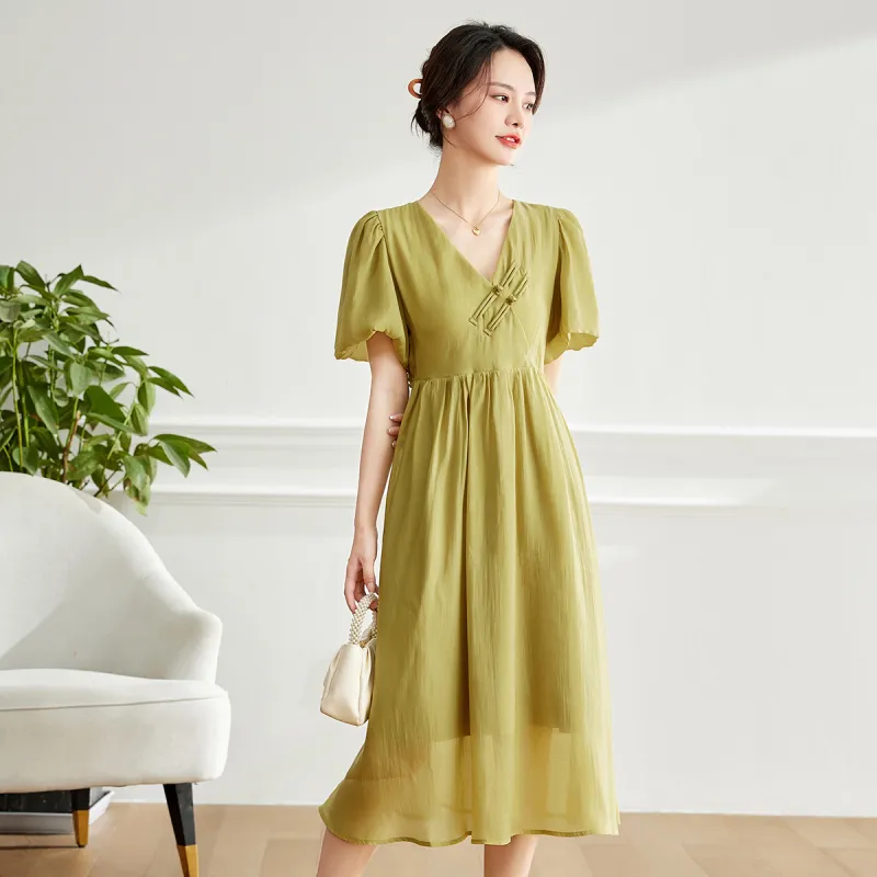 Emodues Short Sleeved Dress Women's Mustard Green-7