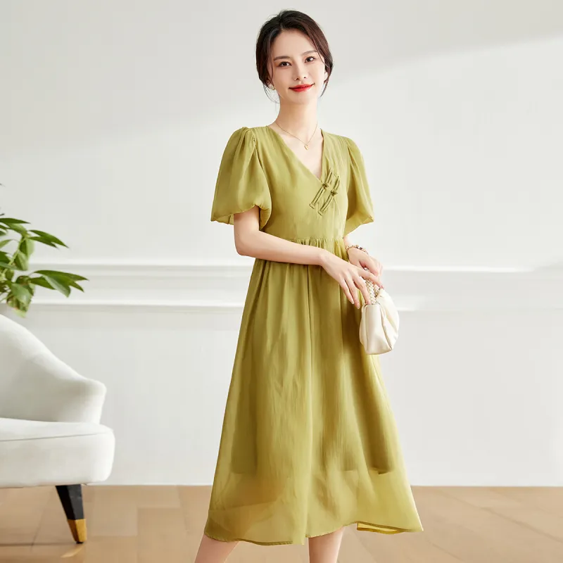 Emodues Short Sleeved Dress Women's Mustard Green-9