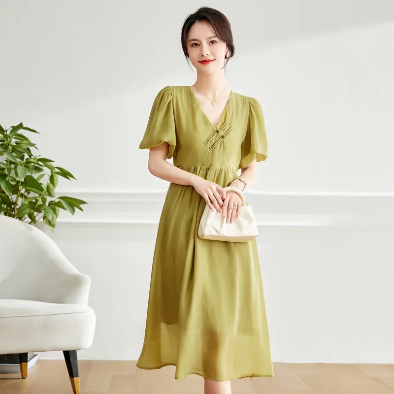 Emodues Short Sleeved Dress Women's Mustard Green-8