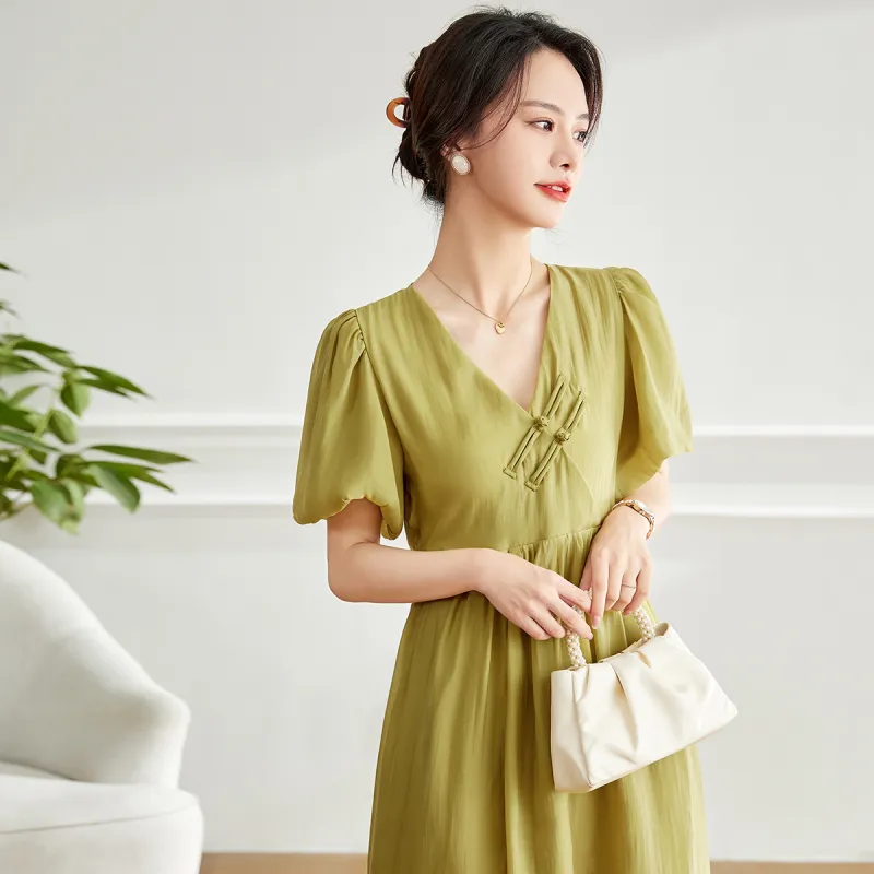 Emodues Short Sleeved Dress Women's Mustard Green-5