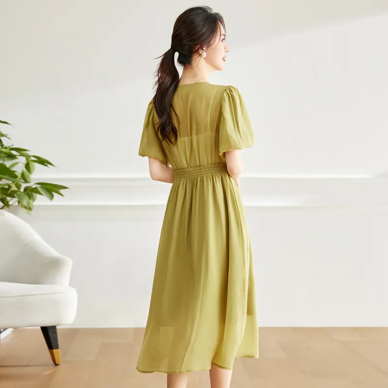 Emodues Short Sleeved Dress Women's Mustard Green-6