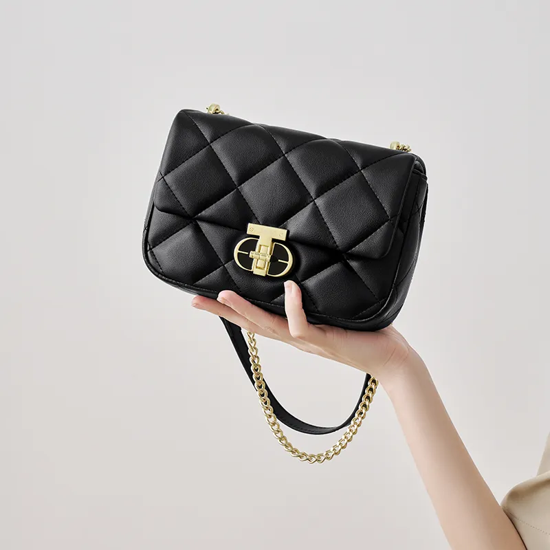 Joy&Mario Cow Leather Diamond Pattern Small Square Bag Shoulder Bag Shoulder Bag Regular Women's Classic Black/Ecru-3