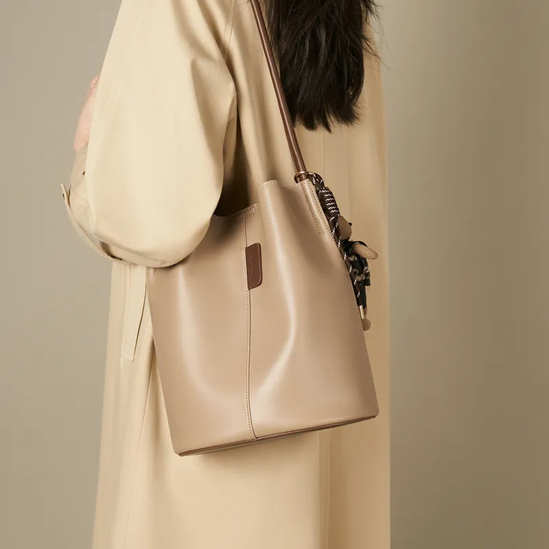 Joy&Mario Synthetic Leather Bucket Bag, Shoulder Bag Women's Ecru & Brown/Cream Apricot & Coffee-7