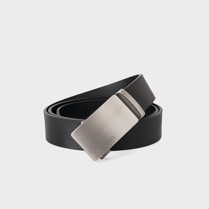 Joy&Mario Top Grain Cow Leather Automatic Buckle Solid Color Fashion Quality Men's Elegant Black Sweep Gun Width 3.5CM-4