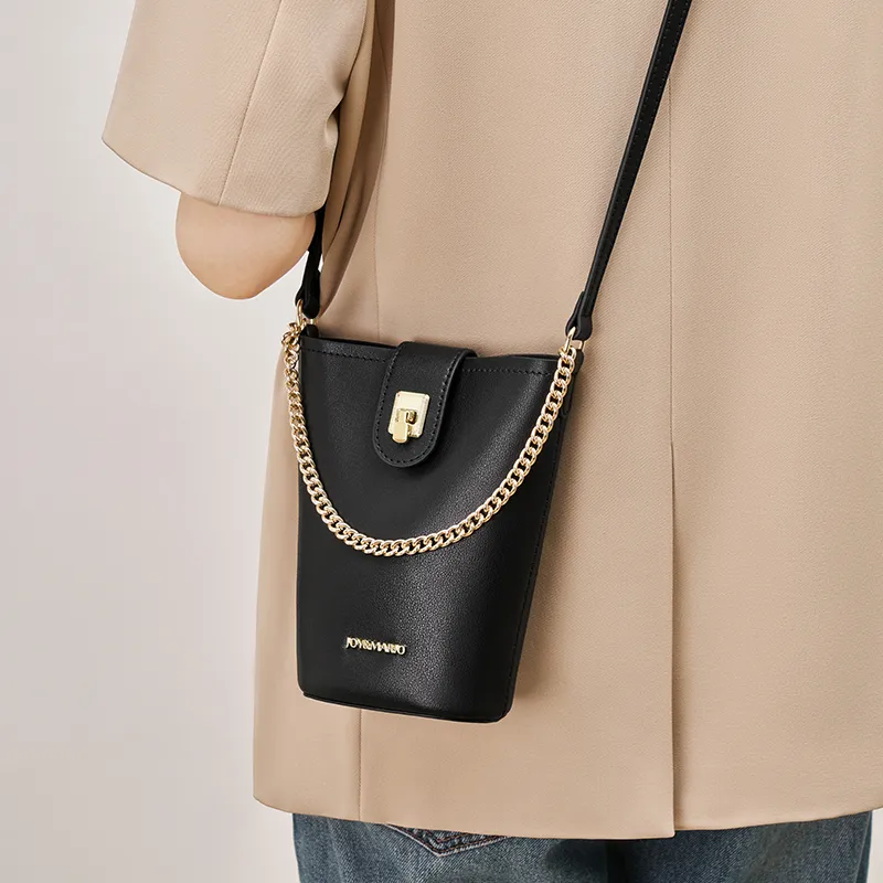 Joy&Mario Cow Leather Cell Phone Pouch, Bucket Bag, Shoulder Bag Small Size Women's Ecru/Milk Brown/Classic Black-9