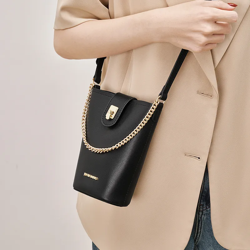 Joy&Mario Cow Leather Cell Phone Pouch, Bucket Bag, Shoulder Bag Small Size Women's Ecru/Milk Brown/Classic Black-11