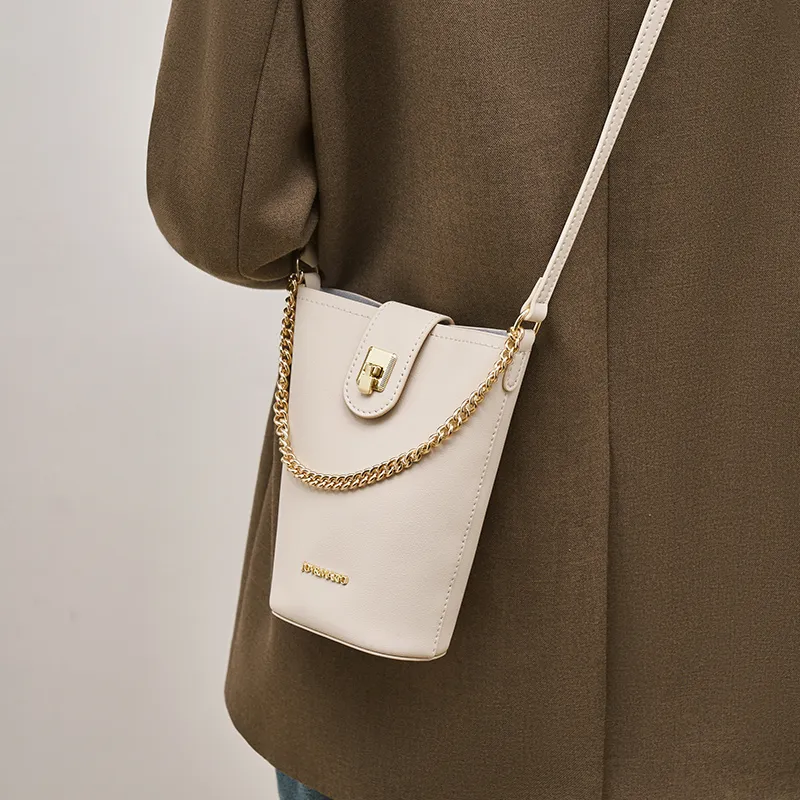 Joy&Mario Cow Leather Cell Phone Pouch, Bucket Bag, Shoulder Bag Small Size Women's Ecru/Milk Brown/Classic Black-3