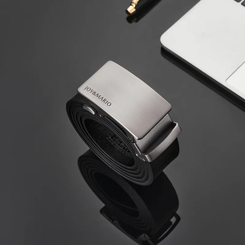 Joy&Mario Top Grain Cow Leather Automatic Buckle Solid Color Fashion Quality Men's Elegant Black Sweep Gun Width 3.5CM-1