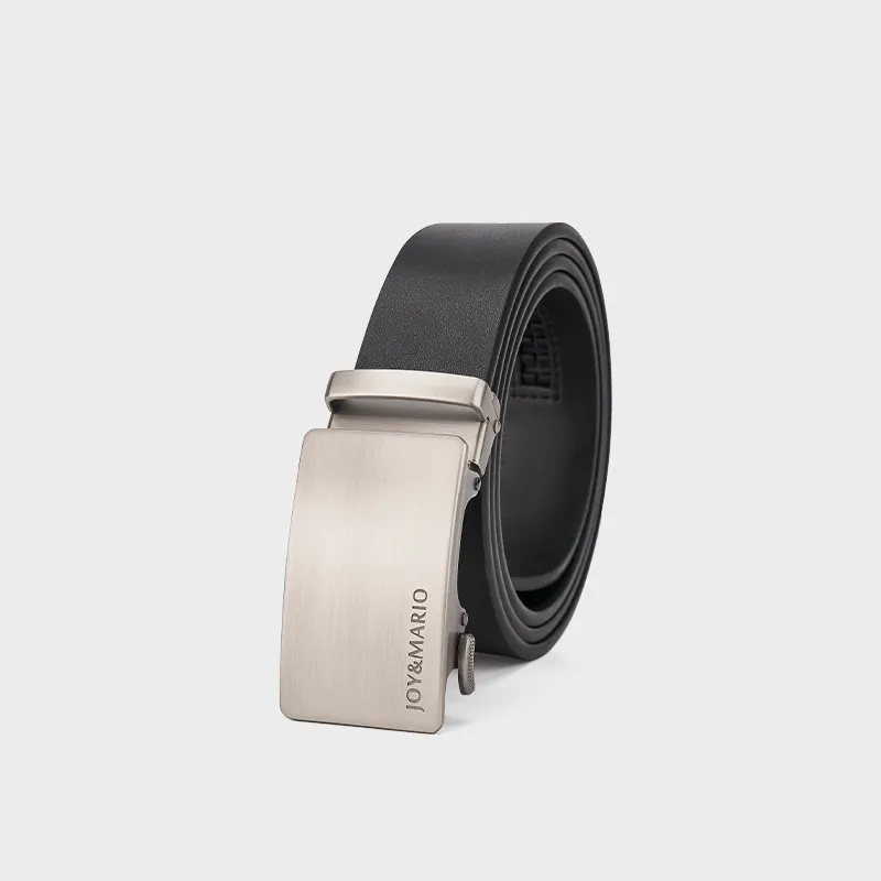 Joy&Mario Top Grain Cow Leather Automatic Buckle Solid Color Fashion Quality Men's Elegant Black Sweep Gun Width 3.5CM-3