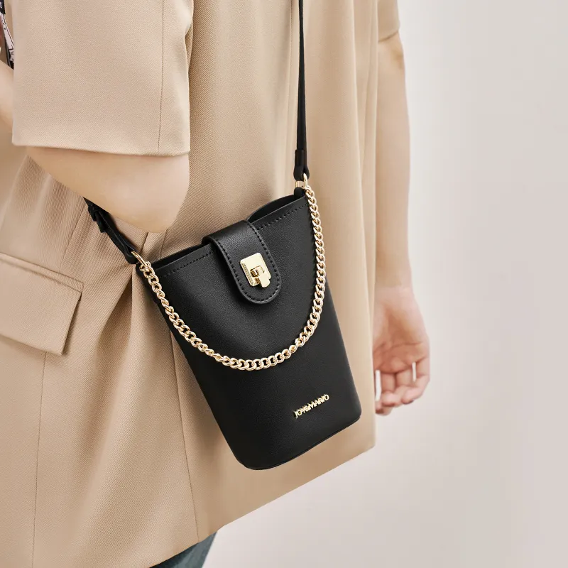 Joy&Mario Cow Leather Cell Phone Pouch, Bucket Bag, Shoulder Bag Small Size Women's Ecru/Milk Brown/Classic Black-10