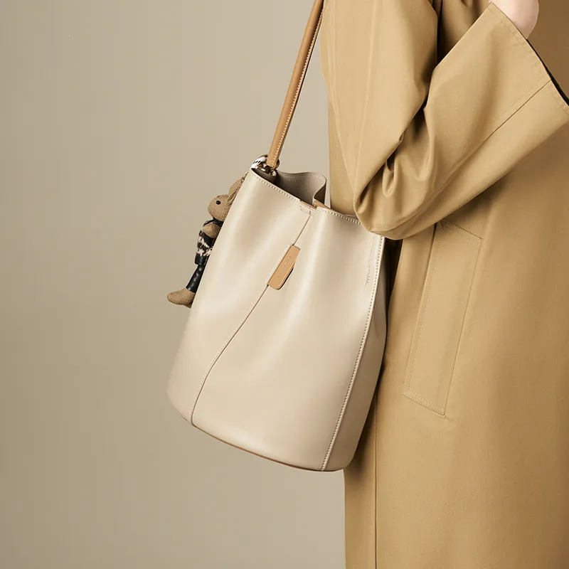 Joy&Mario Synthetic Leather Bucket Bag, Shoulder Bag Women's Ecru & Brown/Cream Apricot & Coffee-3