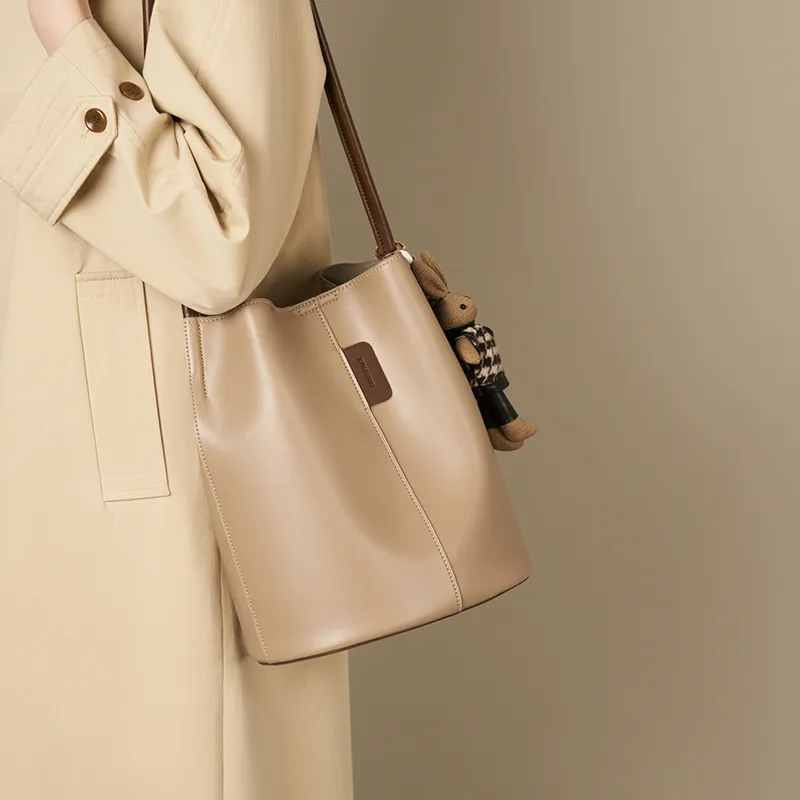 Joy&Mario Synthetic Leather Bucket Bag, Shoulder Bag Women's Ecru & Brown/Cream Apricot & Coffee-6