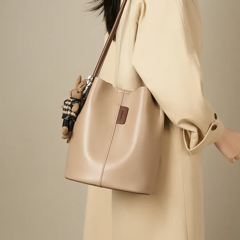 Joy&Mario Synthetic Leather Bucket Bag, Shoulder Bag Women's Ecru & Brown/Cream Apricot & Coffee-5