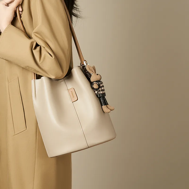 Joy&Mario Synthetic Leather Bucket Bag, Shoulder Bag Women's Ecru & Brown/Cream Apricot & Coffee-2