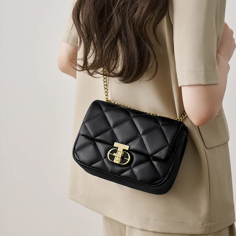 Joy&Mario Cow Leather Diamond Pattern Small Square Bag Shoulder Bag Shoulder Bag Regular Women's Classic Black/Ecru-1