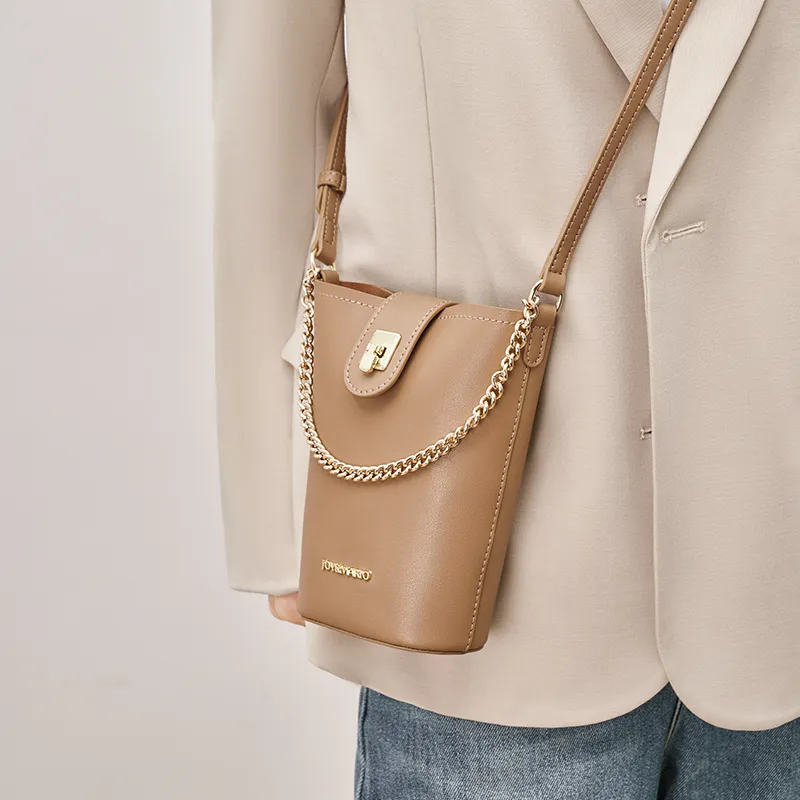 Joy&Mario Cow Leather Cell Phone Pouch, Bucket Bag, Shoulder Bag Small Size Women's Ecru/Milk Brown/Classic Black-5
