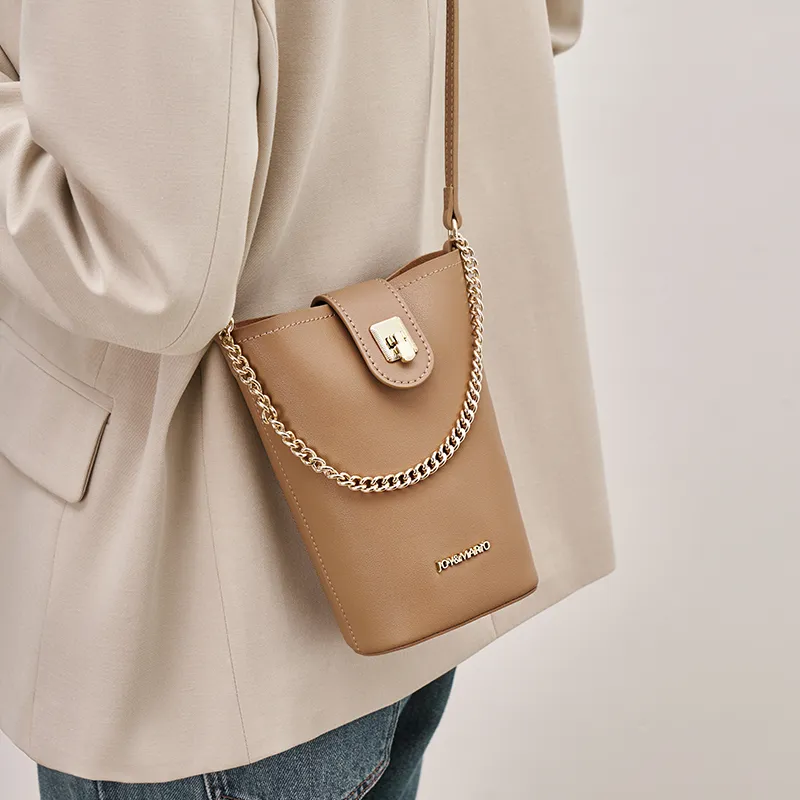 Joy&Mario Cow Leather Cell Phone Pouch, Bucket Bag, Shoulder Bag Small Size Women's Ecru/Milk Brown/Classic Black-6